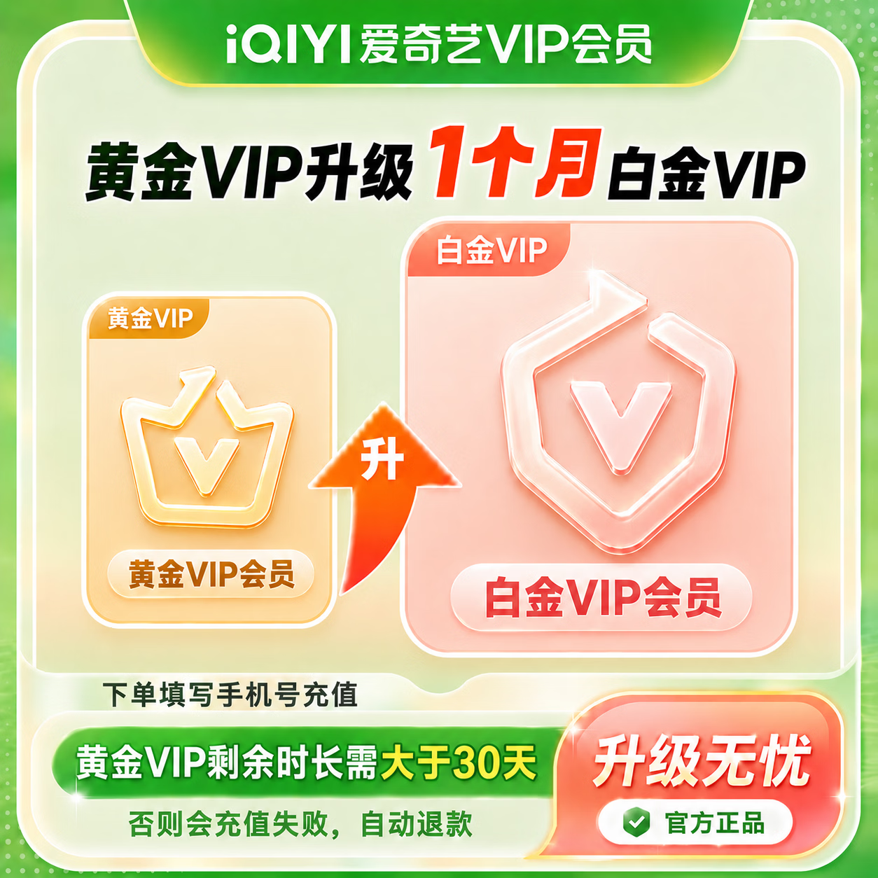 【官方直充】爱奇艺黄金VIP升级白金VIP1个月